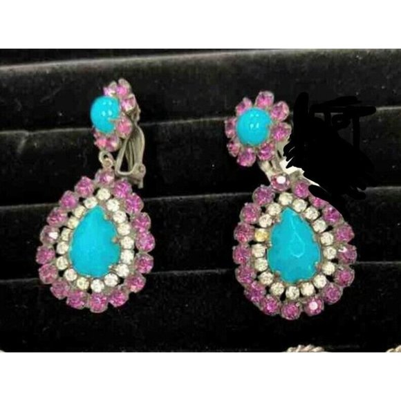 Kenneth Jay Lane Jewelry - VINTAGE 1960 ERA KENNTH JAY LANE PINK GLASS CRYSTAL BLUE RESIN CLIP ON EARRINGS